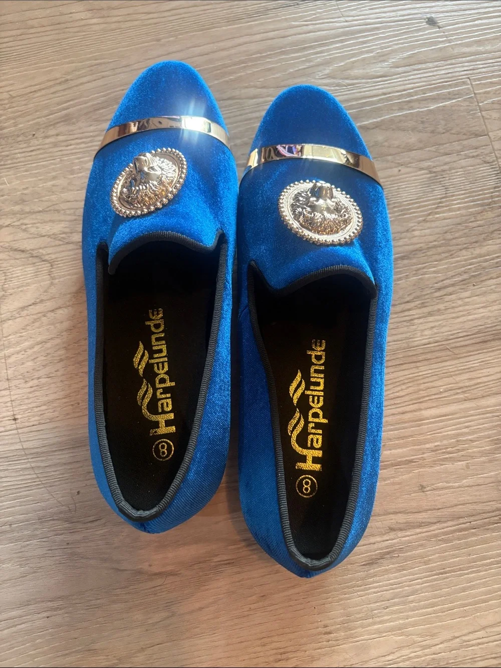 Blue Velvet Men’s Loafers with Gold Medallion Accent for formal size 8 new